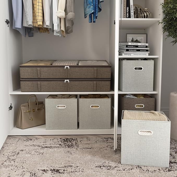 Brown Low Profile Under Bed Storage Containers 5 inches high, 33.8"x 17.7"x 5.1", Sturdy Underbed Shoe Storage Organizer, Foldable Fabric Under the Bed Storage Bins - Pack of 2