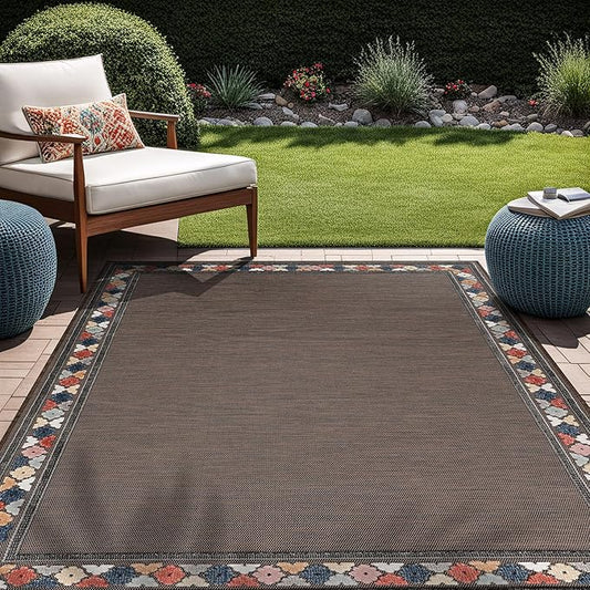 Beverly Rug Outdoor Rug 10x14 Modern Bordered Large Area Rugs for Indoor and Outdoor Patio Easy to Clean Non Shedding Living Room Porch Garden Washable Outside Carpet (10 x 14 Brown)