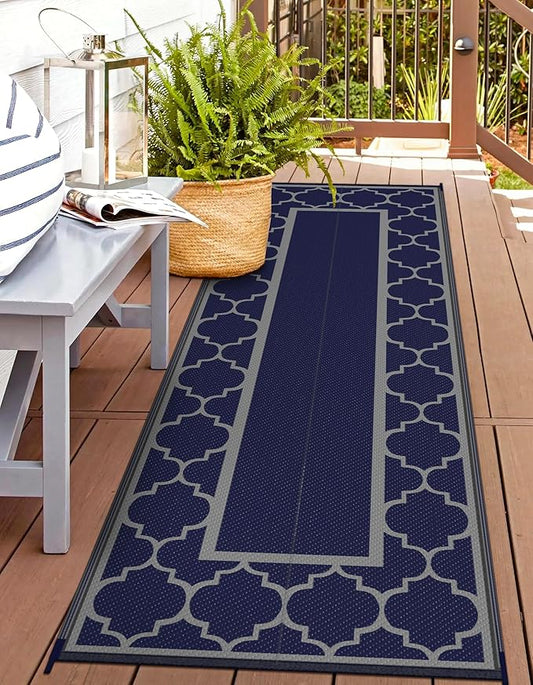 GENIMO 2.5 ' x 8 ' Outdoor Rug for Porch Patio Clearance, Waterproof Indoor Outdoor Plastic Straw Rugs Carpet, Reversible Outside Area Rv Mat for Camping, Balcony, Deck, Picnic, Beach (Blue & Gray)
