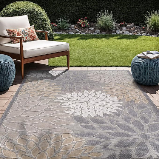 Beverly Rug Outdoor Rug 10x14 Large Modern Floral Tropical Area Rugs for Indoor and Outdoor Patio Easy to Clean Non Shedding Living Room Porch Garden Washable Outside Carpet (10 x 14 Gray)