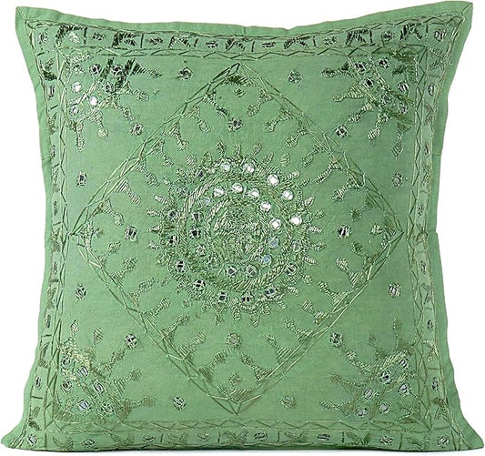 Eyes of India Embroidered Decorative Boho Throw Pillow Cover with Mirrors, Handmade Bohemian Accent Cushion Case for Sofa Couch Bedroom Living Room (Green, 16" x 16")