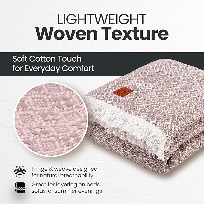 Gold Case Throw Blanket for Bed – 100% Recycled Turkish Cotton Bed Blanket – Decorative Throw Cotton Blankets for Living Room & Bedroom – Woven Twin Blankets - 71x90 - Beige