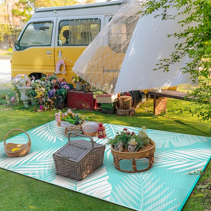 GENIMO Outdoor Rug 6' x 9' Waterproof for Patios Clearance, Reversible Outdoor Plastic Straw Camping Rug Carpet, Large Area Rugs Mats for RV, Camper, Deck, Balcony, Porch, Beach, Aqua Blue&White