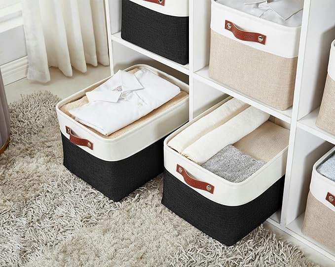 DECOMOMO Storage Bins Fabric Storage Baskets for Shelves, Linen Closet Organization Toys Nursery (Black and White, Large - 4 Pack)