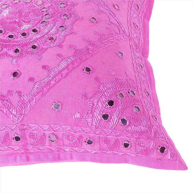 Eyes of India Embroidered Decorative Boho Throw Pillow Cover with Mirrors, Handmade Bohemian Accent Cushion Case for Sofa Couch Bedroom Living Room (Pink, 24" x 24")
