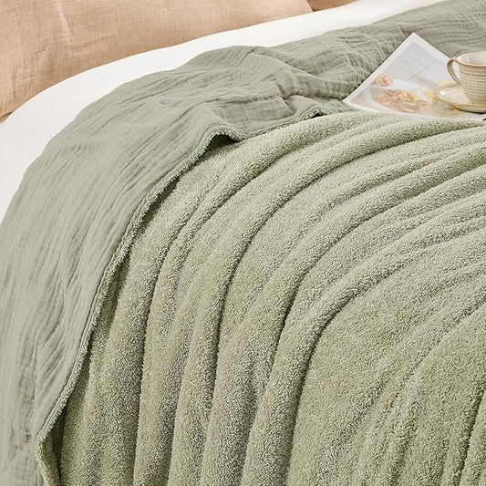 EMME Muslin and Fleece Twin Blanket Reversible - 60"*80" Sage Green Soft Warm Throw Blankets for Couch Bed Picnic Travel Bed