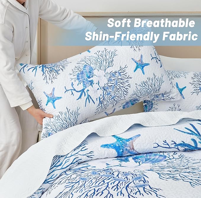 Coastal Bedding King Size Coastal Quilt with Sham, Nautical Beach Comforter Sets Ocean Bedspreads Blue Starfish Coverlet Summer Bedding, 68''x86''