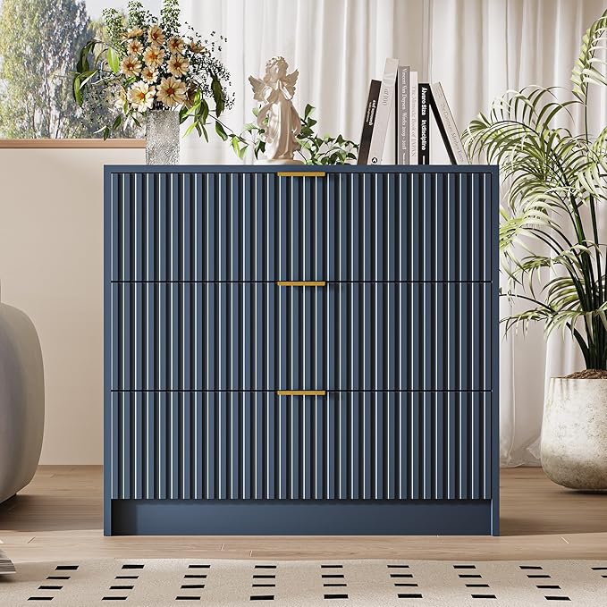Fluted Dresser for Bedroom, 32 Inch Wide Nightstand with Large Drawer, 3 Drawer End Table for Bedroom, Living Rooms, Offices, and Entryways, Navy Blue