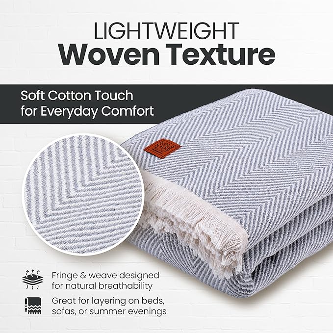 Gold Case Throw Blanket for Bed – 100% Recycled Turkish Cotton Bed Blanket – Decorative Throw Cotton Blankets for Living Room & Bedroom – Woven Twin Blankets - 71x90 - Elegant Grey