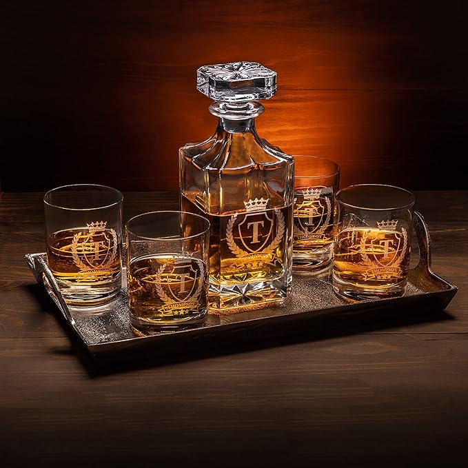 Gifts Inscribed Personalized Whiskey Decanter Set - Engraved Whiskey Decanter Bottle & Set of 4 Custom Drinking Glasses Laser Etched - Customized Whisky Gift for Wedding, Birthday, Fathers Day
