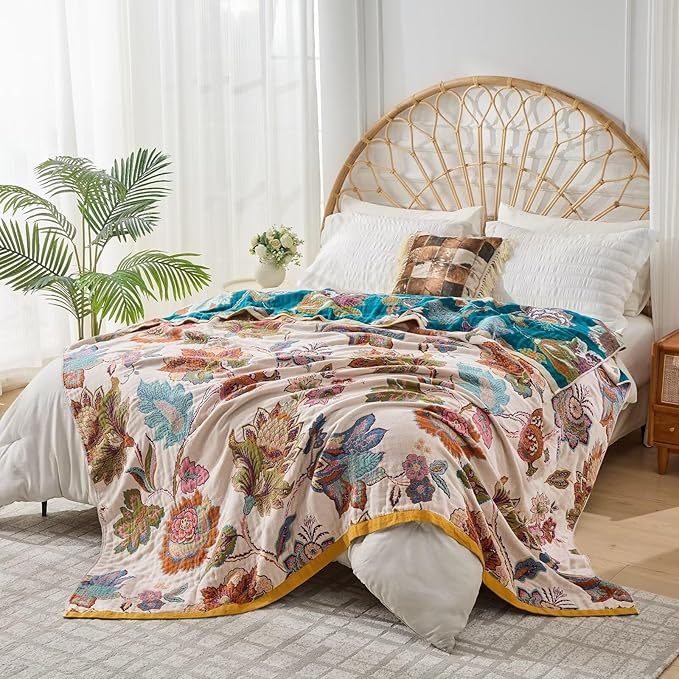 Boho Throw Blanket Reversible Muslin Bohemian Tapestry, Flower Decorated Bohemian Sofa Blanket, Lightweight Breathable 100% Cotton Throw Blanket, Chair Blanket, 50"x60"