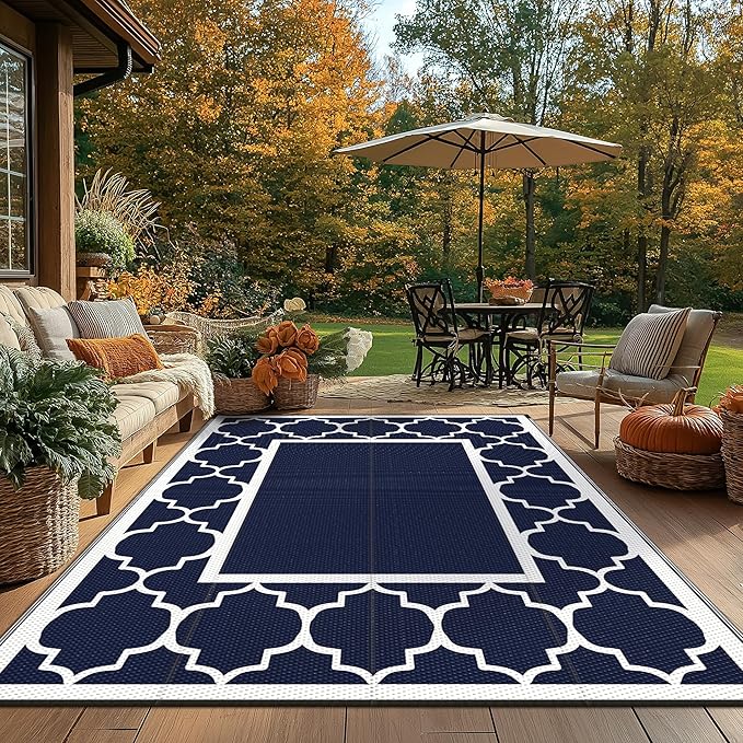 GENIMO 9' x 12' Outdoor Rug Waterproof for Patio Decor, Foldable Reversible Plastic Straw Area Rugs Mat for Camper, Outside Carpet for Rv, Deck, Porch, Picnic, Beach, Balcony, Blue & White