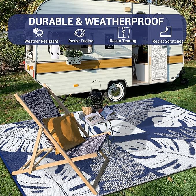GAOMON Patio Rugs Outdoor 8x10 Waterproof Reversible Plastic Straw Rug Modern Patio Carpet, Foldable Lightweight RV Camping Mat with Portable Bag & 4 Stakes, UV Resistant & Sturdy for Picnic, Blue