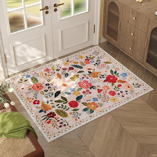 Door Mat Indoor Entrance 2x3 Rug Machine Washable Boho Floral Small Area Rug Non-Slip Low Pile Throw Rugs for Entryway, Kitchen, Front Door Indoor Entrance, Entry, Kids Room (Beige)
