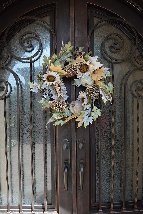 Admired By Nature 24 Inch Artificial Pumpkin Sunflower Fall Wreath Wall Door Farmhouse Decor For Home Office Thanksgiving Harvest Wreaths For Front Door Cemetery Wreaths Indoor Outdoor, Rustic White