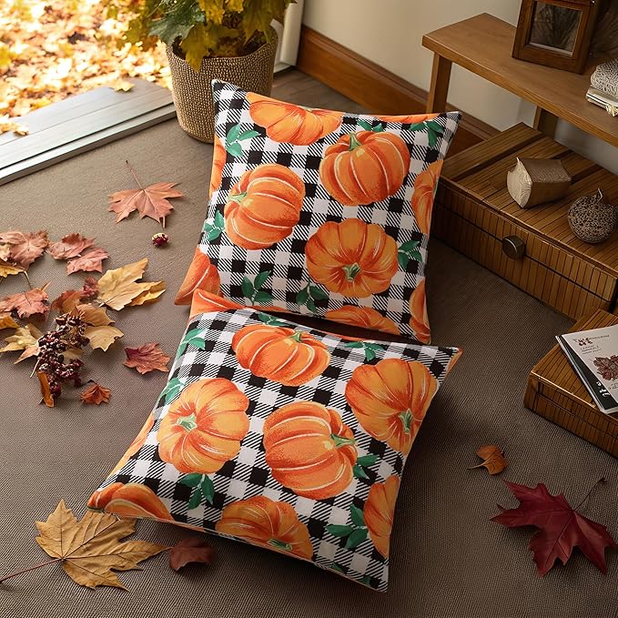 decorUhome Fall Orange Pumpkin Decorative Throw Pillow Covers 20x20 Set of 2, Buffalo Plaid Check Farmhouse Cushion Covers for Autumn Harvest Couch Sofa Bed Home Decor