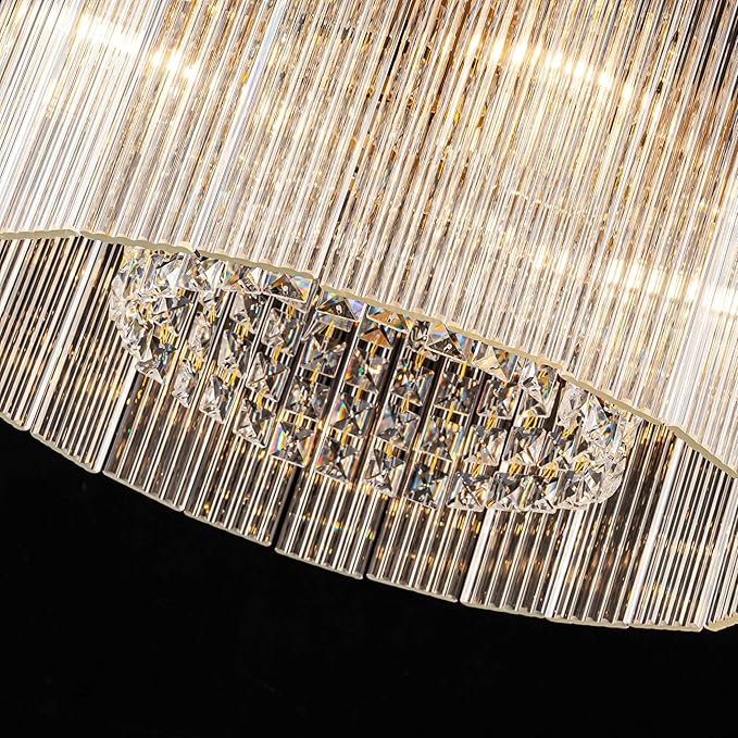 4-Lights Drum Glass Chandelier, Modern Style Light Fixture for Dining Room, Bedroom, Ripple Glass Shade & Brass Finish, D16.5 * H18~48 inch (Adjustable Height)