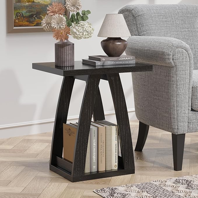 End Tables Living Room, Side Table Beside Sofa, Nightstand for Bedroom, Couch Side Table with Shelf, Modern End Table for Living Room, Black End Table Set of 2
