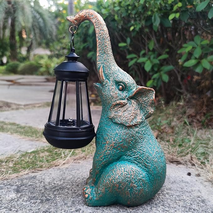 Elephant Garden Statue Outdoor Décor with Solar Lights Lantern,Elephant Solar Light Figurines Outside Decorations for Yard，Lawn Patio, Balcony, Unique Housewarming Gifts