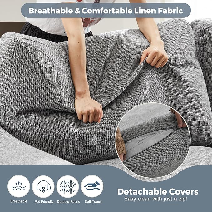 112" Convertible Sectional Sofa, Large L Shaped Couch with Detachable Sofa Cover, Modular Couch for Living Room, Breathable Linen Fabric Corner Sofa for Apartment, Grey