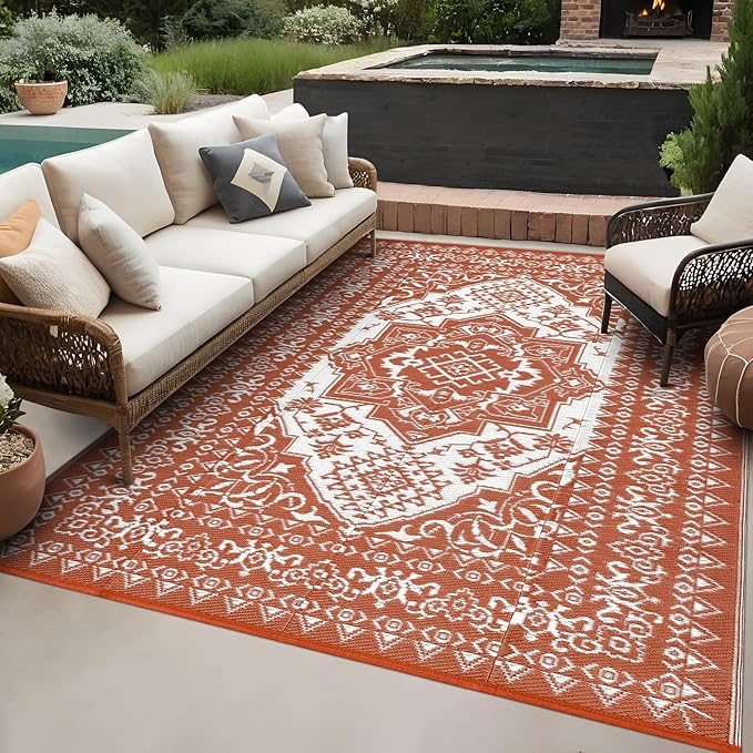 GAOMON Outdoor Plastic Straw Rug 9x12 Waterproof Reversible Patio Rug, Large UV-Resistant Portable RV Camping Mats, Indoor Outdoor Rugs for Outside Deck Front Porch Garden RV, Red & White