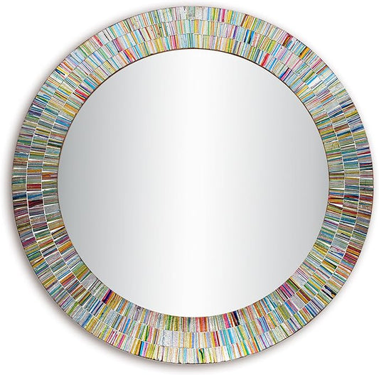 Bohemian Rainbow Wall Mirror -Glass Mosaic Mirror Decorative Wall Mirror, Multi Color Spectrum Wall Mountable, 24" Multi-Color Round Framed Mirror