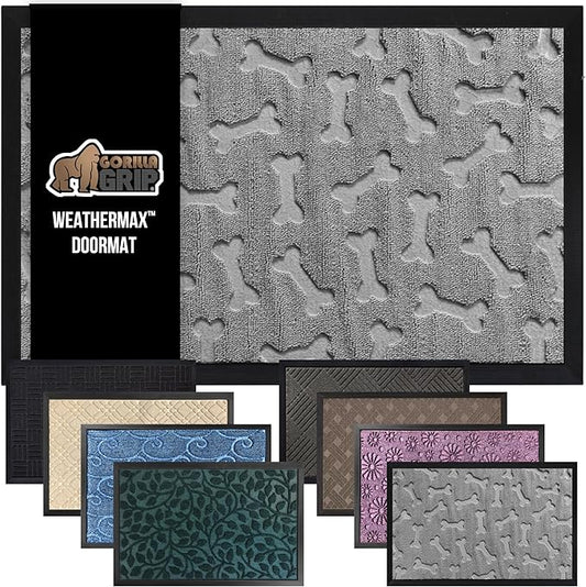 GORILLA GRIP 100% Waterproof All-Season WeatherMax Doormat, 47x35, US Designed Natural Rubber, Stain and Fade Resistant, Low Profile Indoor Outdoor Door Mats, Easy Clean Patio Mat, Light Gray Bones
