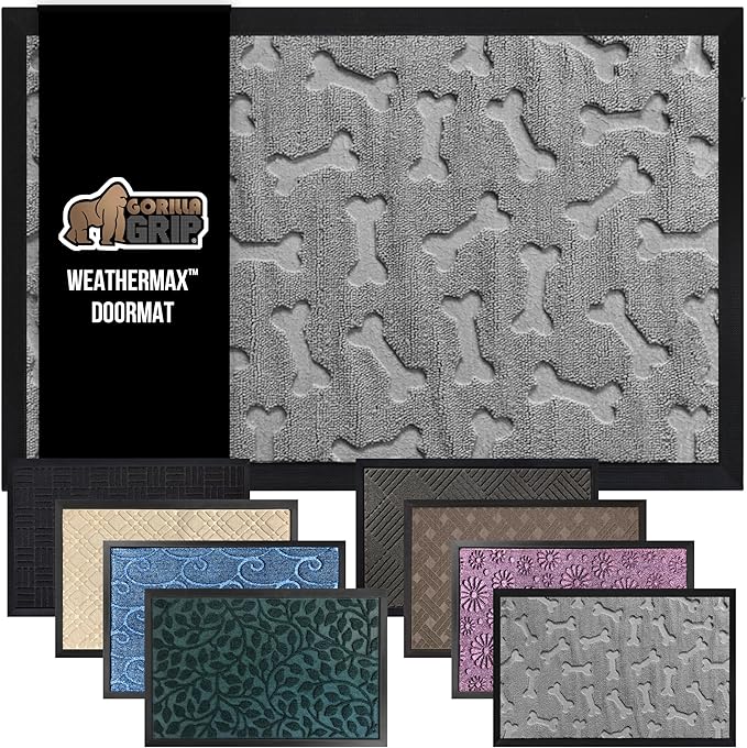 GORILLA GRIP 100% Waterproof All-Season WeatherMax Doormat 35x23, US Designed Natural Rubber, Stain and Fade Resistant, Low Profile Indoor Outdoor Door Mats, Easy Clean Patio Mat, Light Gray Bones