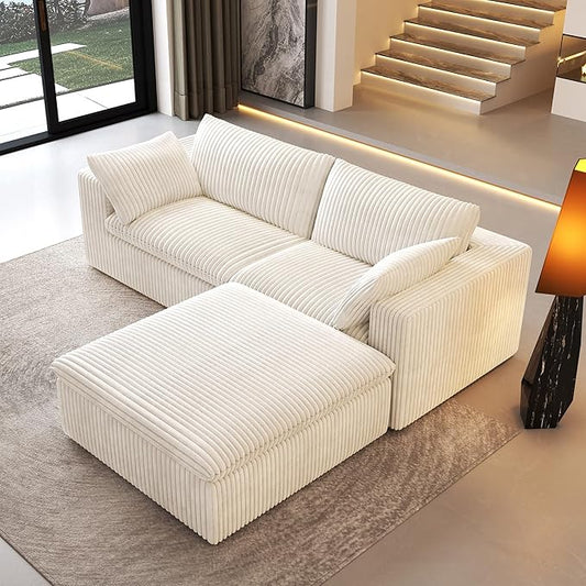 78.74" L Shaped Modern Sofa Modular Sectional Cloud Couch with Ottoman,Upholstered Couches with Plush Corduroy Fabric for Living Room Furniture,Bedroom and Apartment,No Assembly Required,White