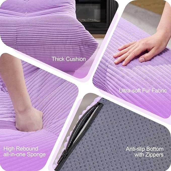 Bean Bag Chairs for Adults Giant Bean Bag Chair Memory Foam BeanBag Chair Big Bean Bag Sofa with Filler Faux Fur Fireside Beanbags Lazy Sofa for Living Room Bedroom Dorm Office (Purple Corduroy)