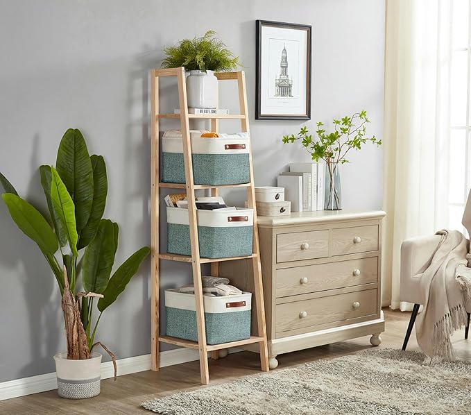 DECOMOMO Storage Bins Fabric Storage Baskets for Shelves, Linen Closet Organization Toys Nursery (Green and White, Large - 4 Pack)