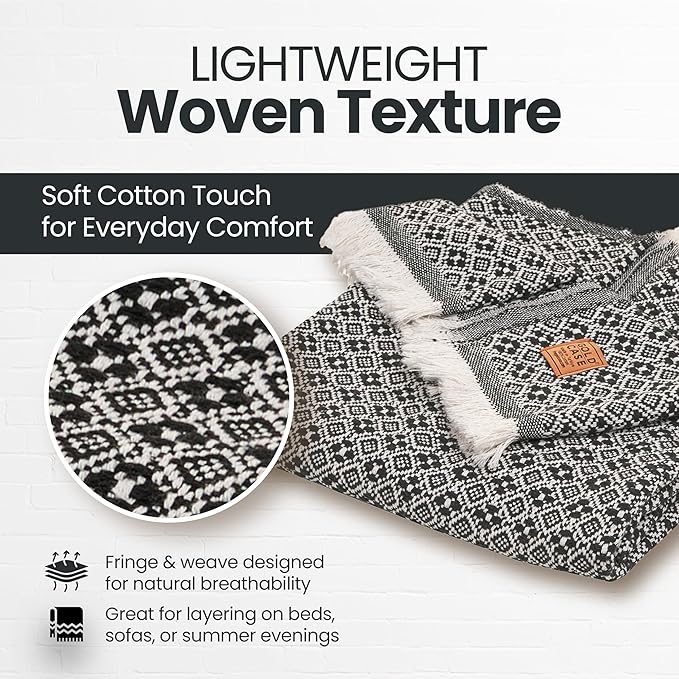 Gold Case Throw Blanket for Couch – 100% Recycled Turkish Cotton Blankets & Throws – Elegant Decorative Throw Blankets for Living Room Sofa – Woven Throws for Couch – Retro Black – 50x60
