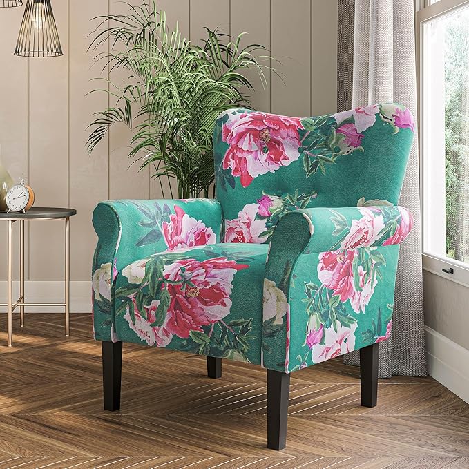 BELLEZE Modern Accent Chair, High Back Armchair, Upholstered Wingback Side Chair, Padded Single Sofa with Wooden Legs for Living Room, Bedroom - Green & Flower
