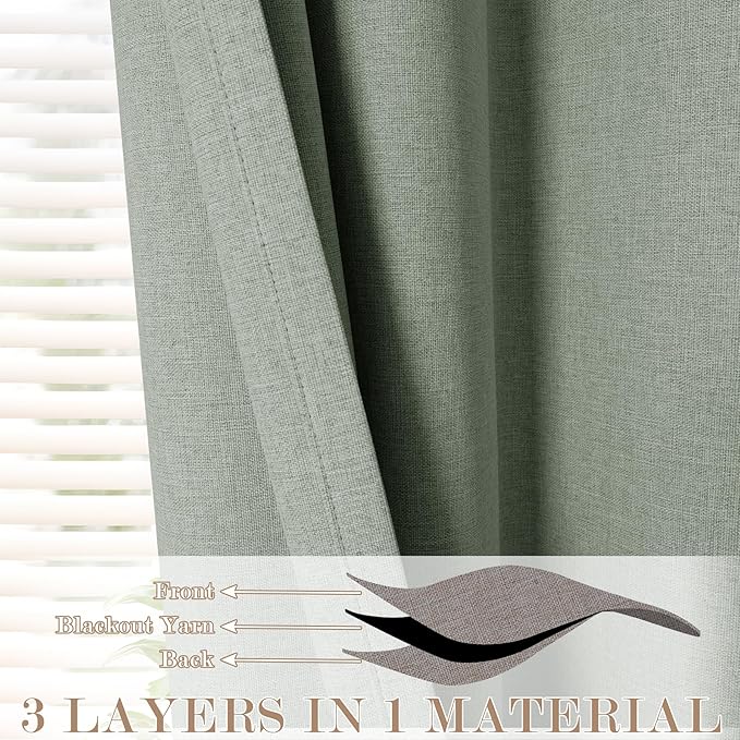 70" W x 108" L Faux Linen Room Divider Curtains, Full Blackout Pinch Pleated Drapes for Traverse Rod, Bedroom Divider Privacy Drapery with Hooks for Ceiling Track, 1 Panel, Fog Green