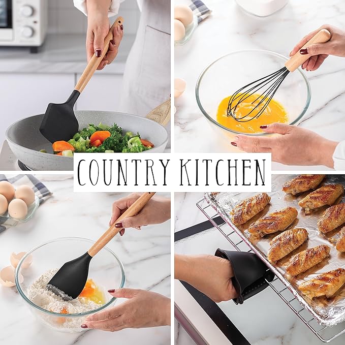 Country Kitchen Non Stick Silicone Utensil Set with Rounded Wood Handles for Cooking and Baking, 38 Piece Set, Black