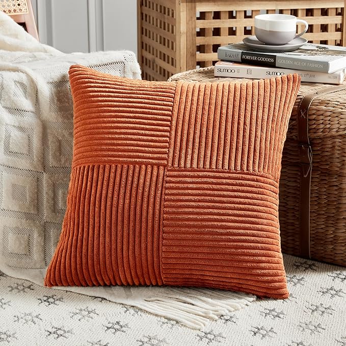 Fancy Homi Set of 2 Burnt Orange Decorative Throw Pillow Covers 28x28 Inch for Living Room Couch Bed, Boho Farmhouse Fall Home Decor, Soft Corss Corduroy Patchwork Textured Cushion Case 71x71 cm