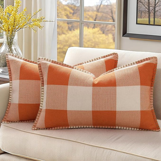 decorUhome Fall Orange and White Decorative Throw Pillow Covers 12x20 Set of 2, Lumbar Buffalo Plaid Check Farmhouse Cushion Covers with Stitched Edge for Autumn Harvest Couch Sofa Bed Home Decor