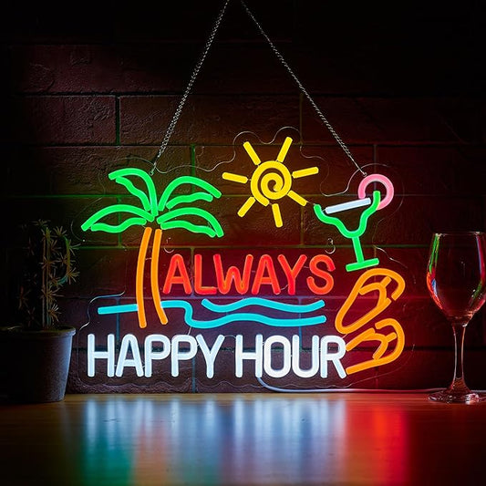 Always Happy Hour Beer Bar Neon Sign for Wall Décor Dimmable USB LED Neon Light for Home Tiki Bar Decor Man Cave Parties Gift
