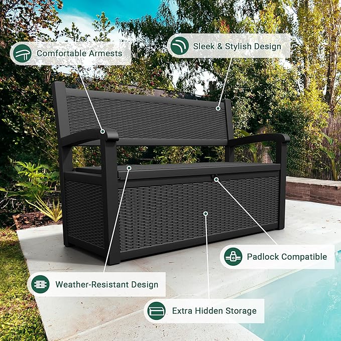 70 Gallon Outdoor Storage Box, Resin Patio Furniture with Armrest, Lockable Deck Box with Waterproof and UV Resistant for Patio Cushions, Garden Tools and Pool Supplies, Black