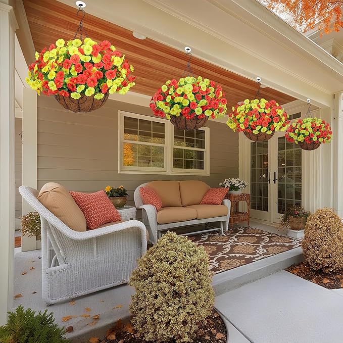 Artificial Fall Flowers Fake Hanging Plants Flowers Basket for Outdoors Autumn Decoration, Silk Morning Glory with Eucalyptus Look Real UV Resistant Faux Flowers for Outside Porch Patio Balcony, Mix