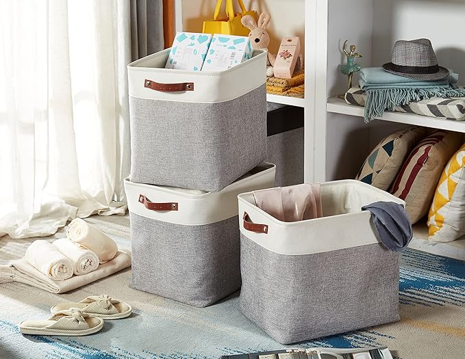 DECOMOMO Storage Baskets | Large Storage Bins 54.5L Fabric Baskets for Organizing Laundry Nursery Toys Cloth Linen Closet Organizers with Handles (Grey and White, XXXL - Jumbo/3P - 17" x 13" x 15")