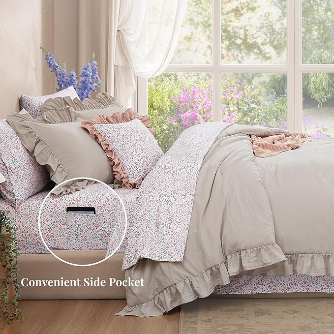 Full Comforter Set - 7 Pieces Ruffle Beige Bedding Sets, Shabby Chic Farmhouse Bed in a Bag Full with Ruffle Comforter, Floral Sheets, Pillowcases & Shams