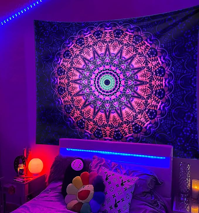 ADDWel Blacklight Mandala Boho Tapestry Glow In The Dark, Black Light Bohemian Hippie Poster Wall Hanging for Bedroom Aesthetic Wall and Room Decor (60" x 80", Mandala)