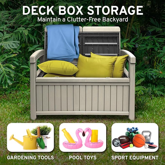 EconoHome 2 Seat Outdoor Storage Bench with Rain Cover - 60 Gallon Capacity - Weatherproof Resin Bench for Patio, Porch, Garden, Yard, Pool Area - Furniture for Pool Accessories, Gardening Tools