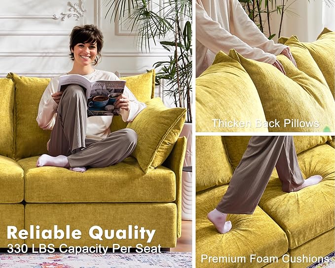 134.6" Luxury Modular Sectional Convertible Sofa with Storage Ottoman, L-Shape 5-Seat Oversized Comfy Couch Deep Seat with Reversible Chaise - Chenille Yellow