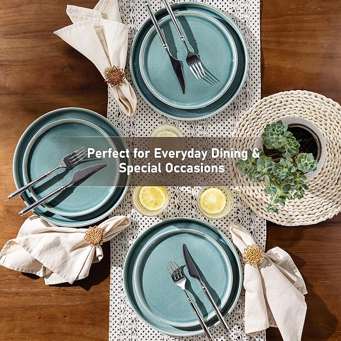 GBHOME Ceramic Dinnerware Sets for 4, 12 Pieces Stoneware Plates and Bowls Sets, Scratch Resistant Dishes, Dishwasher & Microwave Safe, Reactive Glaze-Malachite Green