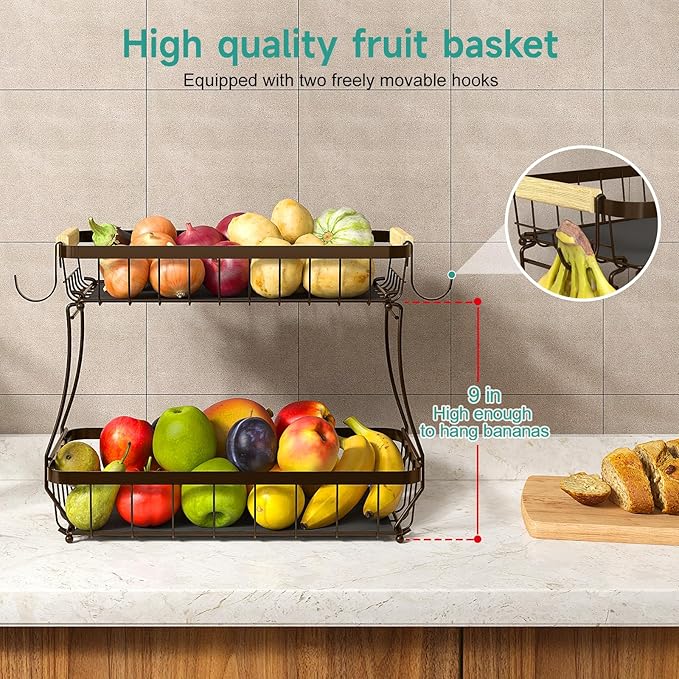 3 Tier Fruit Basket for Kitchen Counter with 2 Mobile Banana Hangers, 2025 Pro Detachable Metal Fruit Bowl with Wooden Handle, Fruit Holder for Bread Snack Veggies, Brown