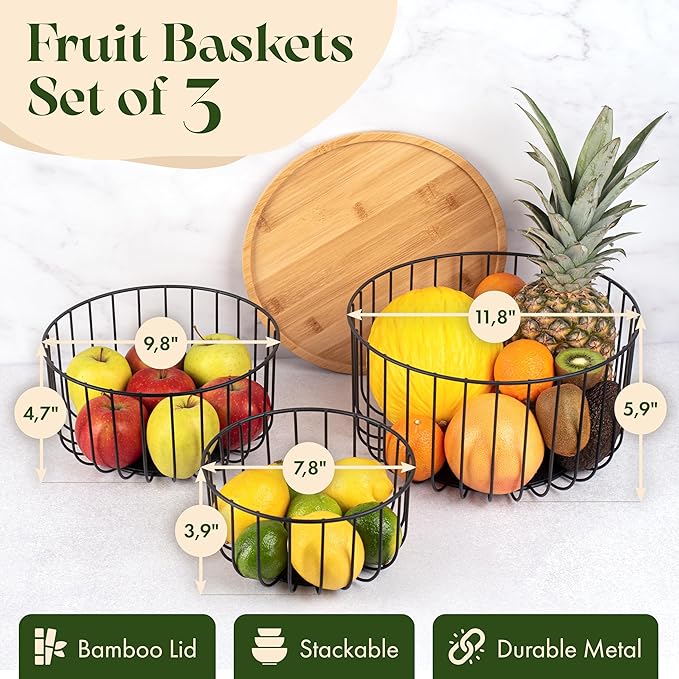 Fruit Basket for Kitchen Counter Set of 3 - Large Stackable Baskets with Bamboo Lid - Perfect Holder For Fruit and Vegetable Storage - Keep Your Countertop Classy, Tidy and Slightly Fruity!