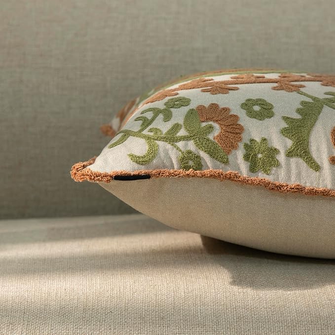 Embroidered Mandala Floral Vintage Indian Cotton Decorative Embroidery Throw Pillow Covers, Fringes Lace Cushion Cover, Pillow Case for Sofa Couch Bed Chair 18" x 18"