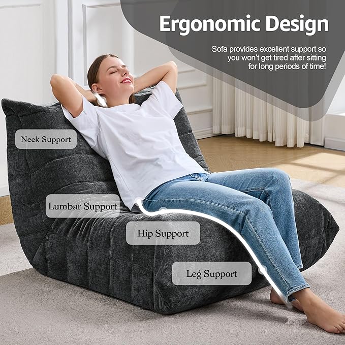 Bean Bag Chairs for Adults Giant Bean Bag Chair Memory Foam BeanBag Chair Big Bean Bag Sofa with Filler Faux Fur Fireside Beanbags Lazy Sofa for Living Room Bedroom Dorm Office (Darkgrey Chenille)